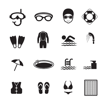 Swimming pool icons, Set of 16 editable filled, Simple clearly defined shapes in one color, Vector