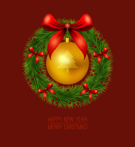 istock Vector design template. Green Christmas wreath and gold christmas ornament with decor from bows, holly, christmas tree symbol and snowflake. Traditional winter holiday decoration and greetings card 1079937792