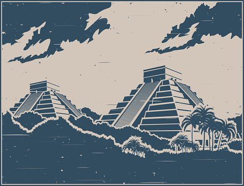 Stylized vector illustration of ancient Mayan pyramids in the jungle in retro poster style