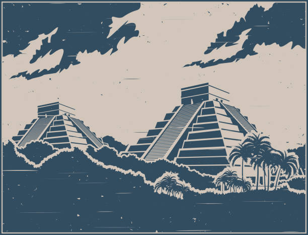 Mayan pyramids retro poster Stylized vector illustration of ancient Mayan pyramids in the jungle in retro poster style aztec civilization stock illustrations