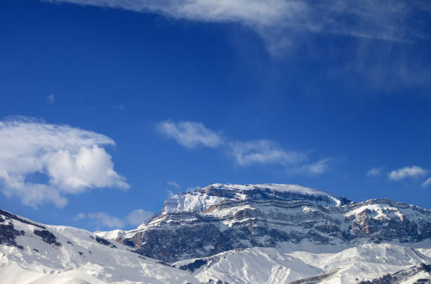 Rocky mountains in snow at sun winter day. Caucasus Mountains, Shahdagh, Azerbaijan.