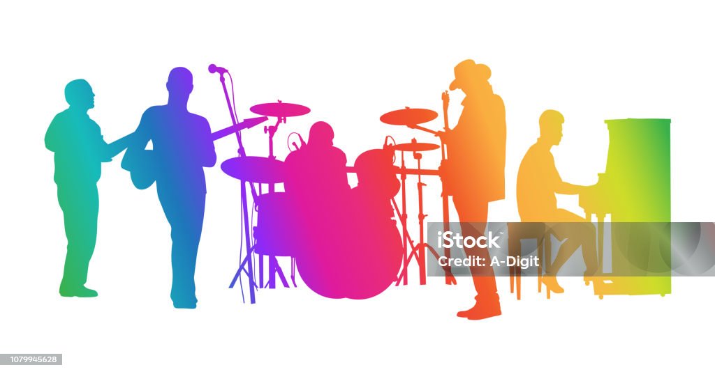 Rock And Roll Rainbow Rainbow coloured classic rock band Performance Group stock vector