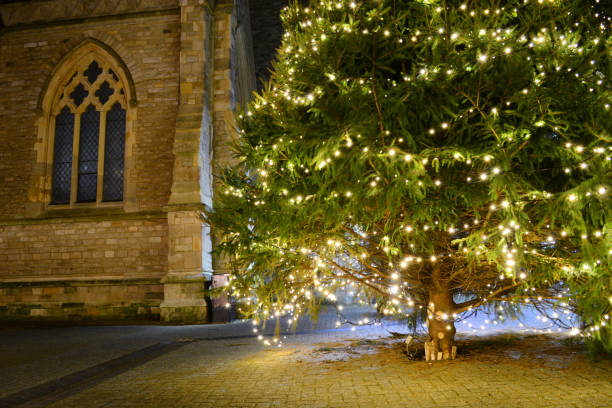 Illuminated Christmas Tree and Old Church Window at Night