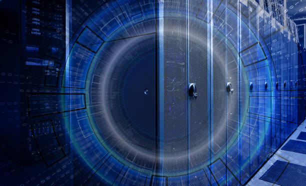 concept of information technology, hud hologram server, red, bright tone with contacts circuit Board on background of server room