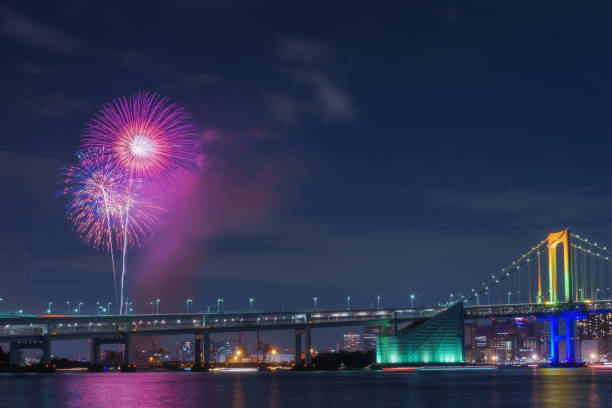 istock Fireworks and Rainbow Bridge inTokyo at Night 1079991920