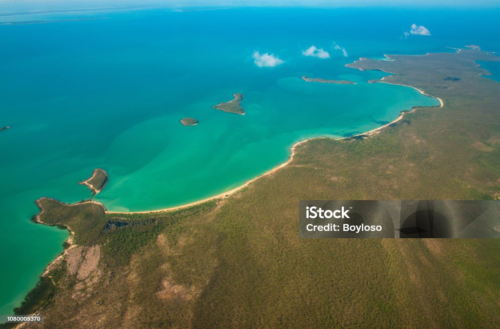 Aerial view and the landscape at the edge of Northern part of Australia called Arafura sea, Northern Territory state of Australia. Landscape on the Top End of NT, Australia. Land Stock Photo