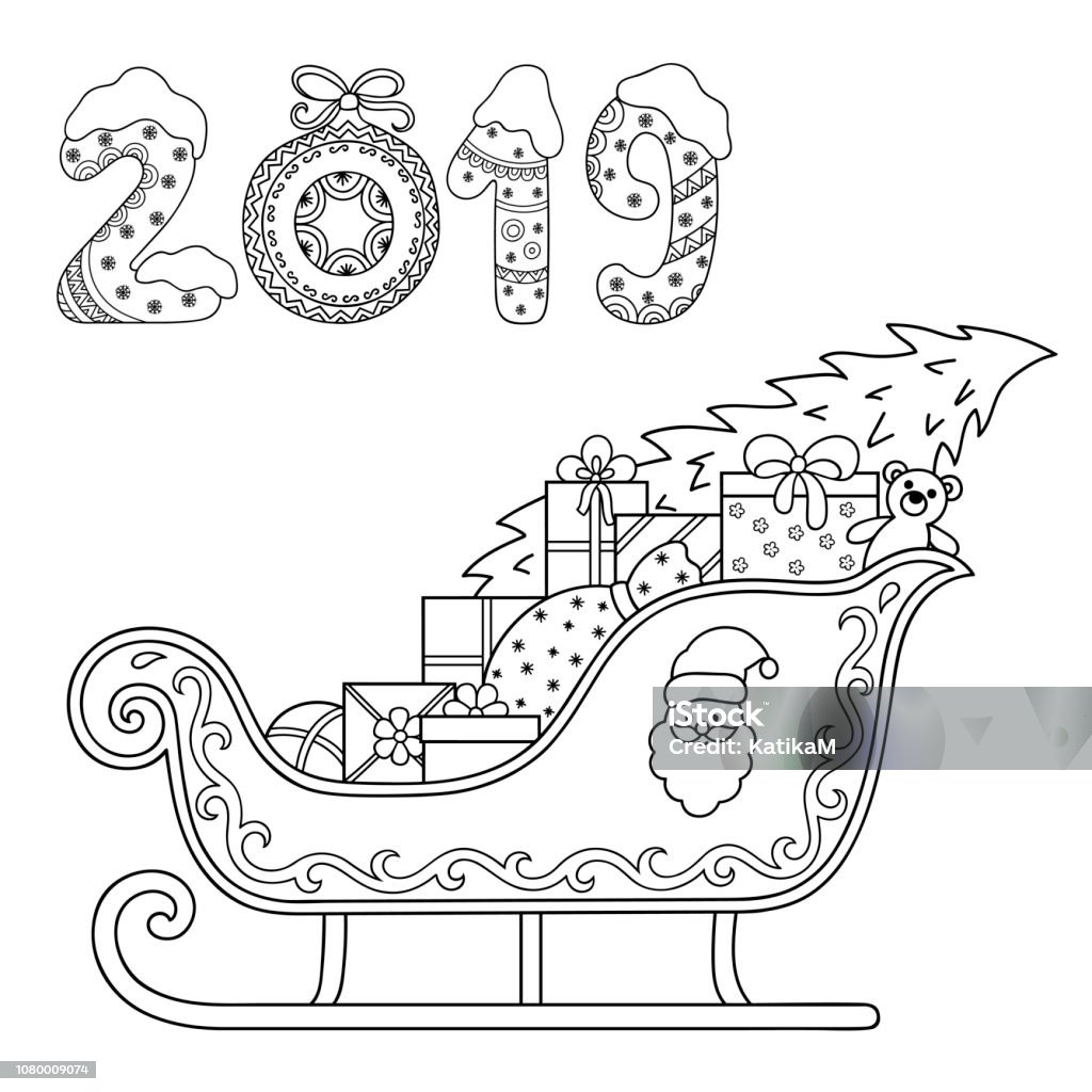 Decorative holiday element for decoration for New Year and Christmas. Lettering number 2019. Festive design - toys, gifts, sleigh and Santa Claus. Coloring book page. 2019 stock vector