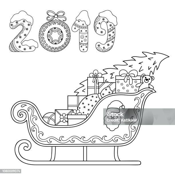 Decorative Holiday Element For Decoration For New Year And Christmas Lettering Number 2019 Festive Design Toys Gifts Sleigh And Santa Claus Coloring Book Page Stock Illustration - Download Image Now