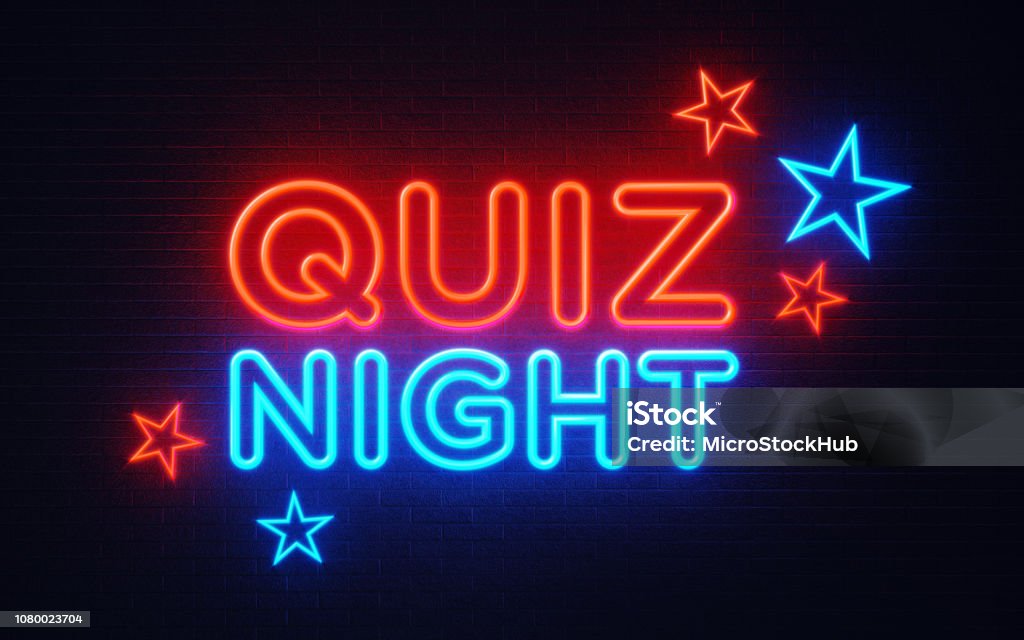 Quiz Night Neon Light On Black Wall - Quiz Night Concept - Foto stock royalty-free di Serata di quiz