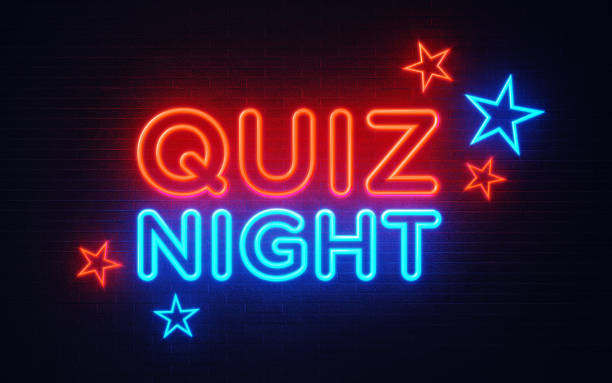 Quiz Night Neon Light On Black Wall - Quiz Night Concept Quiz night neon light on black wall. Horizontal composition with copy space. Quiz night concept. trivia night stock pictures, royalty-free photos & images