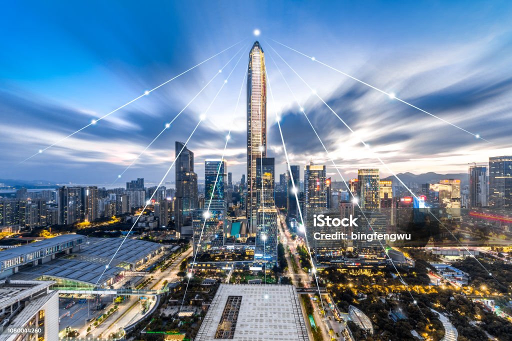 Shenzhen city night scene and technology concept Cloud Computing Stock Photo