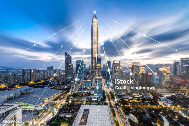 Shenzhen City Night Scene And Technology Concept Stock Photo - Download Image Now - Cloud Computing, Shenzhen, Abstract