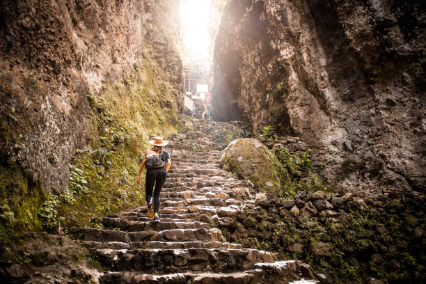 Young woman traveling. Young Argentinian woman hiking up Tepoztlan mountain, Mexico morelos state stock pictures, royalty-free photos & images