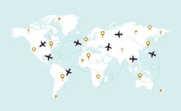 Vector illustration of World map plane tracks. Aviation track path on world map, airplane route line and travel routes vector illustration