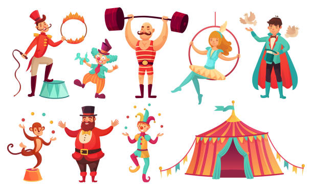 Circus characters. Juggling animals, juggler artist clown and strongman performer. Cartoon vector illustration set Circus characters. Juggling animals, juggler artist clown and strongman performer. Clowns comedian, juggling jester performer, magician and monkey. Cartoon vector illustration isolated icons set court jester stock illustrations