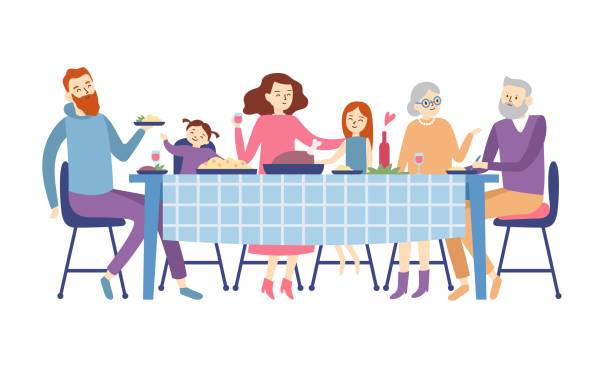 Family sitting at dining table. People eat festive food, holiday talking and family dinner reunion vector illustration Family sitting at dining table. People eat festive food, holiday talking and family dinner reunion or eating Christmas supper. Dining father mother, kids and grandparents flat vector illustration family dinner stock illustrations