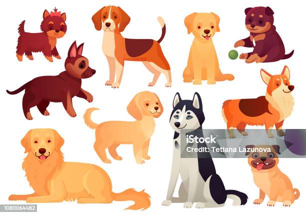 Cartoon Puppy And Dog Happy Puppies With Smiling Muzzle Loyal Dogs And Friendly Dog Isolated Vector Set Stock Illustration - Download Image Now