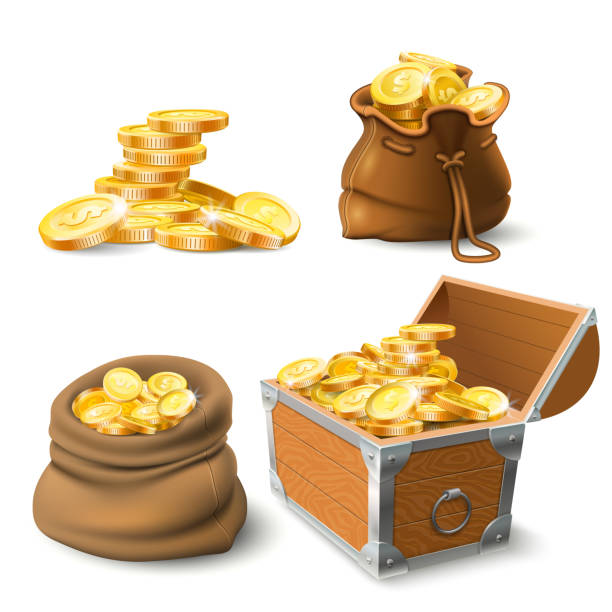 ilustraciones, imágenes clip art, dibujos animados e iconos de stock de pilas de monedas de oro. monedas en saco viejo, gran montón de oro y el pecho - currency stack heap wealth