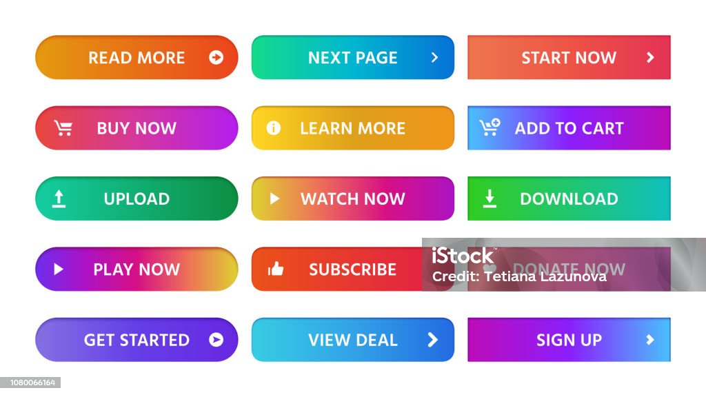 Gradient buttons. Rectangular next page button, read more and add to cart icon colorful gradients web isolated vector set Gradient buttons. Rectangular next page button, read more and add to cart icon colorful gradients web icons. Actions ui sign up, download and get started isolated vector symbols set Push Button stock vector