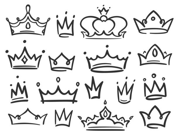 Sketch crown. Simple graffiti crowning, elegant queen or king crowns hand drawn vector illustration Sketch crown. Simple graffiti crowning, elegant queen or king crowns hand drawn. Royal imperial coronation symbols, monarch majestic jewel tiara isolated icons vector illustration set crown headwear stock illustrations