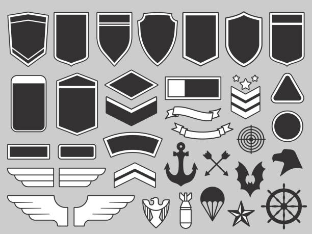 illustrazioni stock, clip art, cartoni animati e icone di tendenza di patch militari. emblema soldato dell'esercito, distintivi delle truppe e set vettoriale di elementi di progettazione di patch di insegne dell'aeronautica militare - military air vehicle