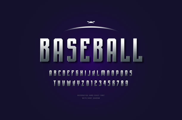 Silver colored and metal chrome narrow sans serif font Stock vector silver colored and metal chrome narrow sans serif font, alphabet, typeface. Letters and numbers for college sport team emblem design sans font stock illustrations