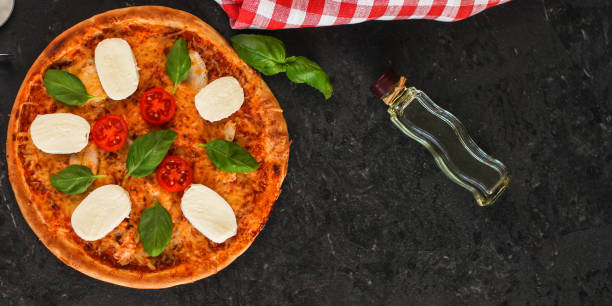 istock pizza, mozzarella, chicken, tomato sauce, vegetables, basil (pizza mozzarella tomato). food background. copy space 1080085602