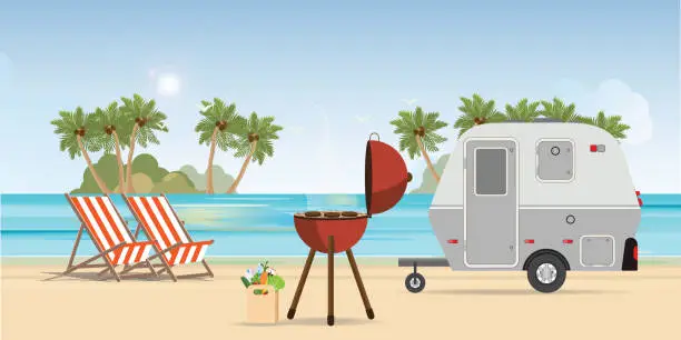 Vector illustration of Retro caravan on the beach and picnic with outdoor barbecue.