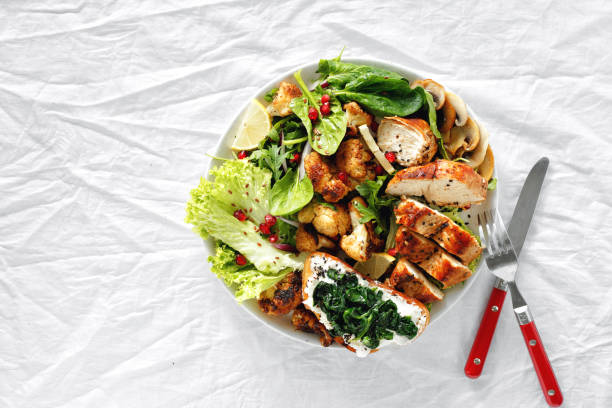 Healthy food bowl chicken steak vegetables salad white background top view