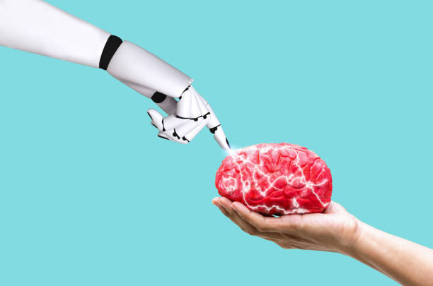 istock Hand robot brain concept ai in command memory on human hand holding 1080089462