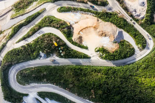 Area under development.
Aerial photograph of forest road and construction site.