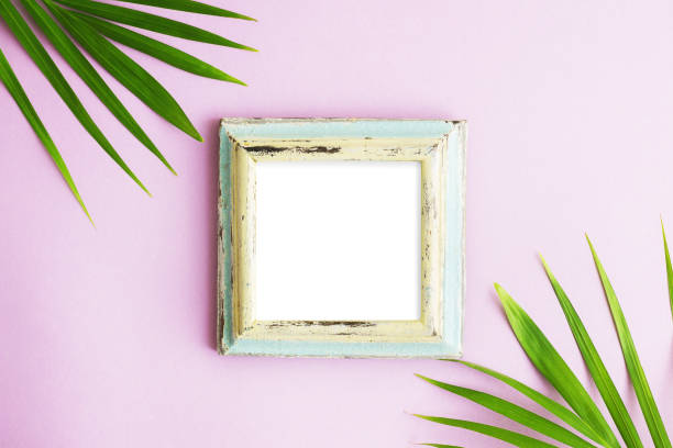 flache laien draufsicht fotorahmen mit zwei grünen palmenblättern auf hellen rosa hintergrund. tropische mock-up - 2359 stock-fotos und bilder