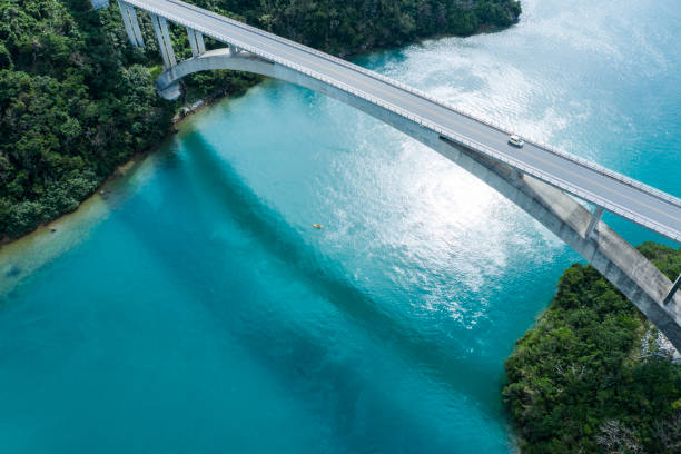 aerial photograph of the beautiful sea and bridge. - infraestrutura de água imagens e fotografias de stock