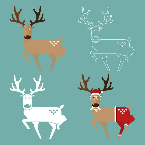 Vector illustration of Set of Christmas Reindeer in flat design for Christmas or New Year holiday decoration. Cartoon character. Vector.