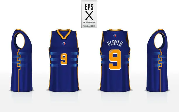 Vector illustration of Basketball uniform template design for basketball club. Tank top t-shirt mockup for basketball jersey. Front view, back view and side view basketball shirt. Vector.