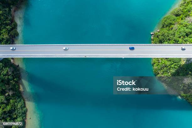Aerial Photograph Of The Beautiful Sea And Bridge Stock Photo - Download Image Now - Bridge - Built Structure, Aerial View, Car