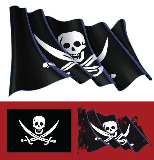 Waving Jolly Roger of Calico Jack Vector illustration of a Waving Jolly Roger of the Pirate Calico Jack. A textured version and the Flat Flag design are included. All elements neatly on well-defined layers and groups. pirate flag stock illustrations