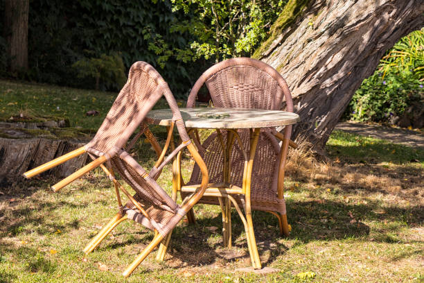 istock Two wicker chairs and a table stand in a beautiful garden 1080111064