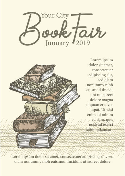 ilustrações de stock, clip art, desenhos animados e ícones de poster with hand drawing sketch books. concept vintage design for fair or festival flyer, paper, banner, school library retro poster, bookshop advertising in engraving style - textured old fashioned furniture backgrounds