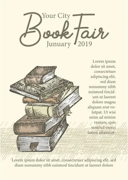 Vector illustration of Poster with hand drawing sketch books. Concept vintage design for fair or festival flyer, paper, banner, school library retro poster, bookshop advertising in engraving style