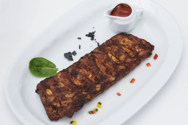 istock Grilled rib pork with barbecue sauce, placed on white plate, light background 1080113040