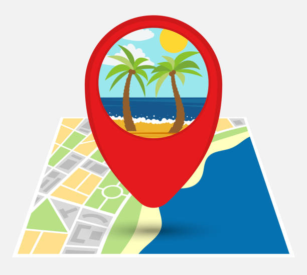 istock Map of an imaginary city with point on the map with sandy beach 1080113078
