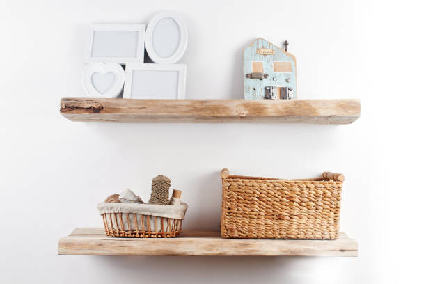istock Wooden shelves with decor items. Home interior 1080121286