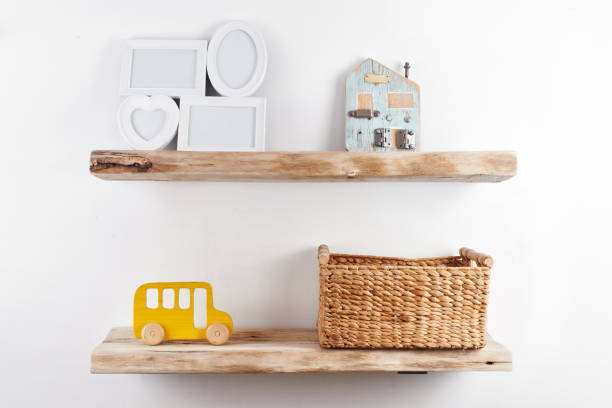 istock Wooden shelves with decor items. Home interior 1080122676
