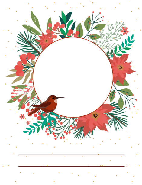 с рождеством христовым и с новым годом шаблон карты с цветочным венком. редактируемая векторная иллюстрация - tree winter bird branch stock illustrations