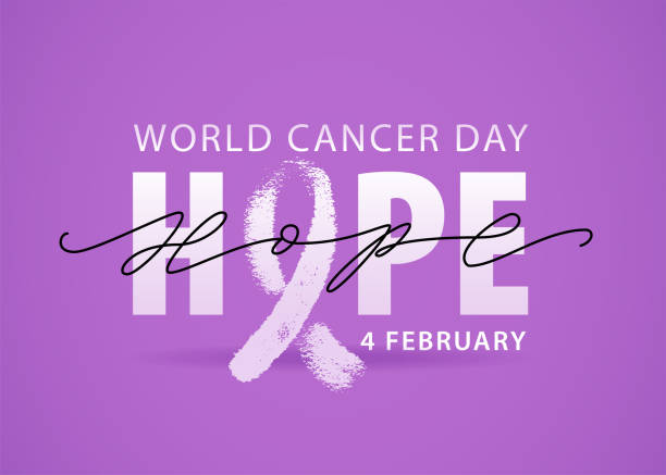 World cancer day 4 february text. Vector illustration concept for world cancer day. Hope word with violet ribbon symbol. World cancer day 4 february. Violet background. White Hope word with ribbon symbol. Vector illustration text concept for world cancer day. Typography design for poster banner and post on social media. brest cancer hope stock illustrations