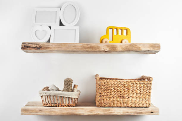 istock Wooden shelves with decor items. Home interior 1080127266