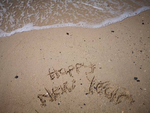 istock Happy New Year written on the beach 1080128312