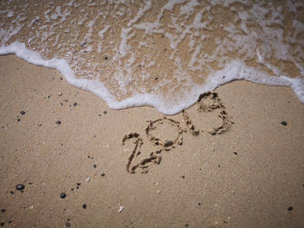 istock Handwriting 2019 written on the sandy beach 1080128426