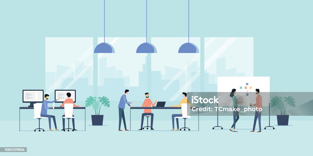 flat vector illustration group business team meeting  and working collaboration in office workplace concept This file EPS 10 format. This illustration
contains a transparency . Desktop PC stock vector